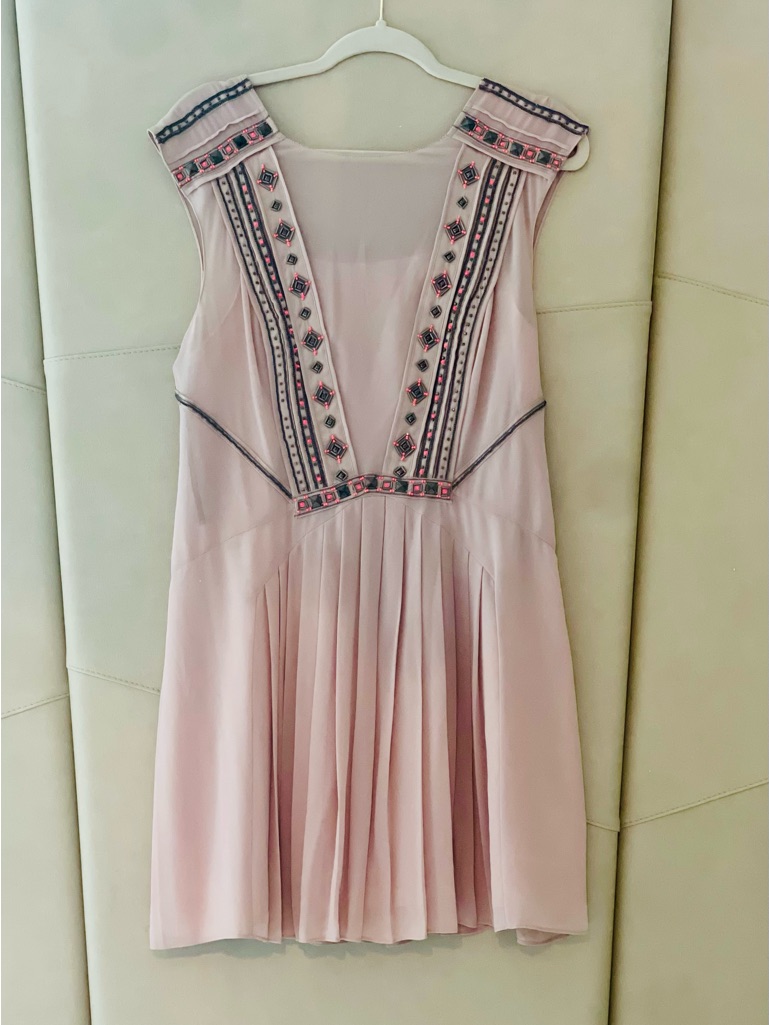 Karen Millen Blush Pink Embroidered Vneck Pleated Mini Dress